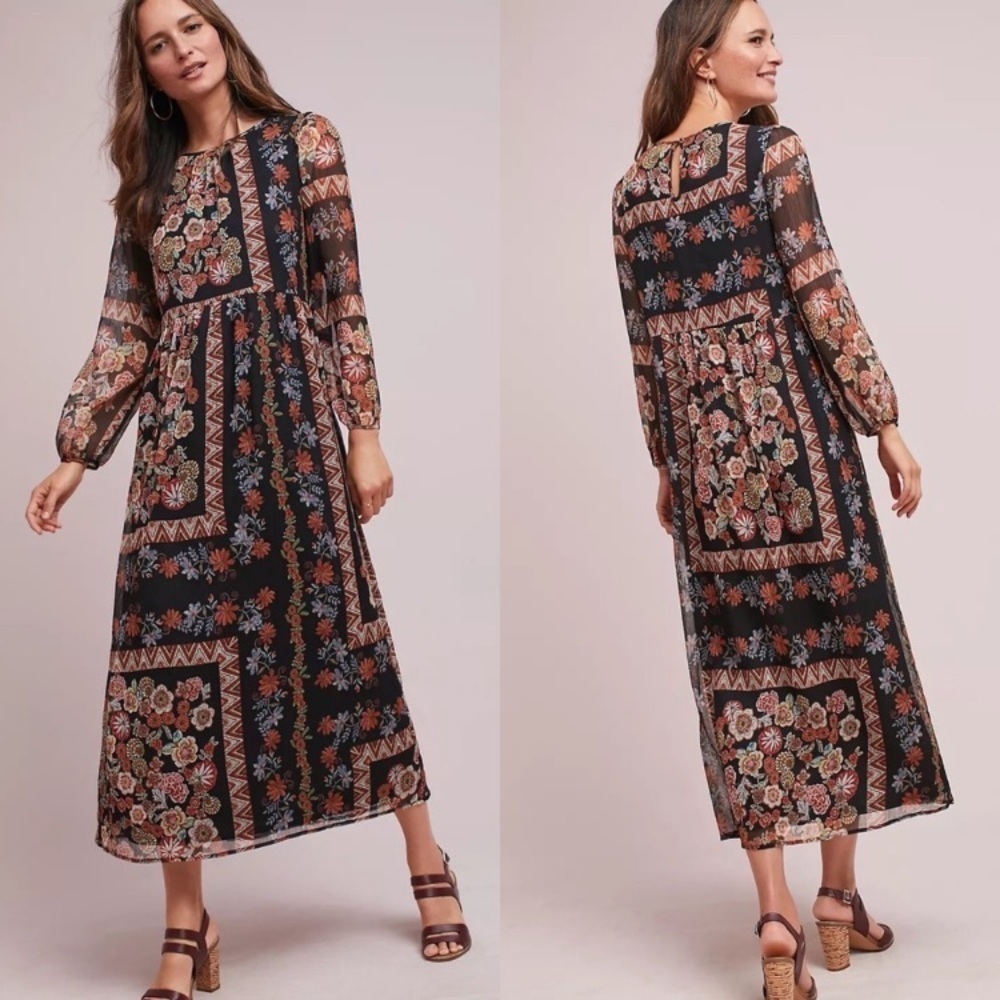 Anthropologie Black Floral Patchwork Maxi Dress